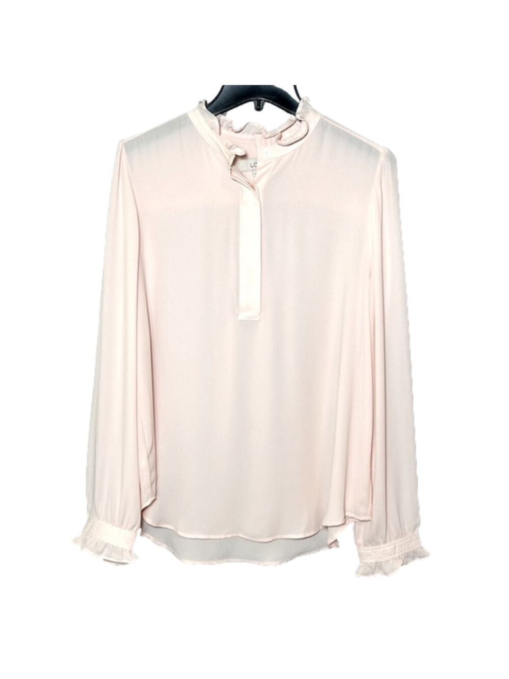 LOFT Light Pink Split Neck Blouse with Ruffle Details - Size Medium, Like New